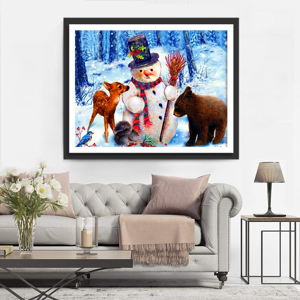 Sneeuwpop met Hert, Beer en Vogel Diamond Painting