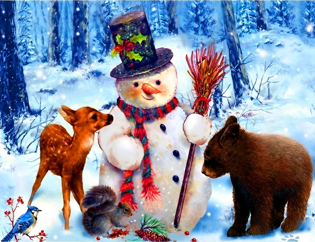 Sneeuwpop met Hert, Beer en Vogel Diamond Painting