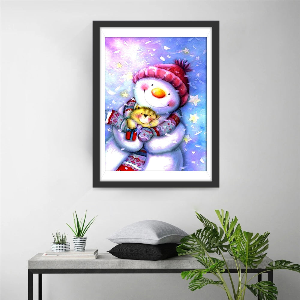Sneeuwpop met Knuffelbeer in Wintersneeuw Diamond Painting