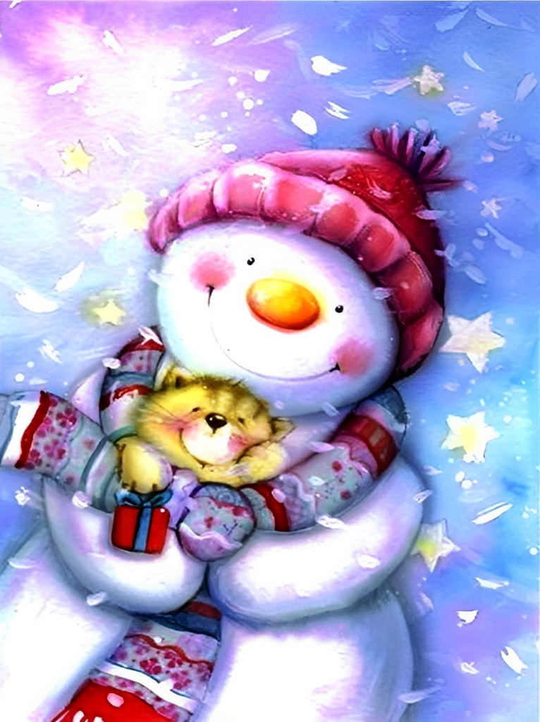 Sneeuwpop met Knuffelbeer in Wintersneeuw Diamond Painting