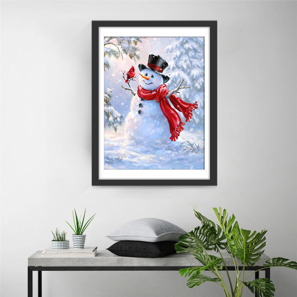 Sneeuwpop met Rode Sjaal en Vogel Diamond Painting