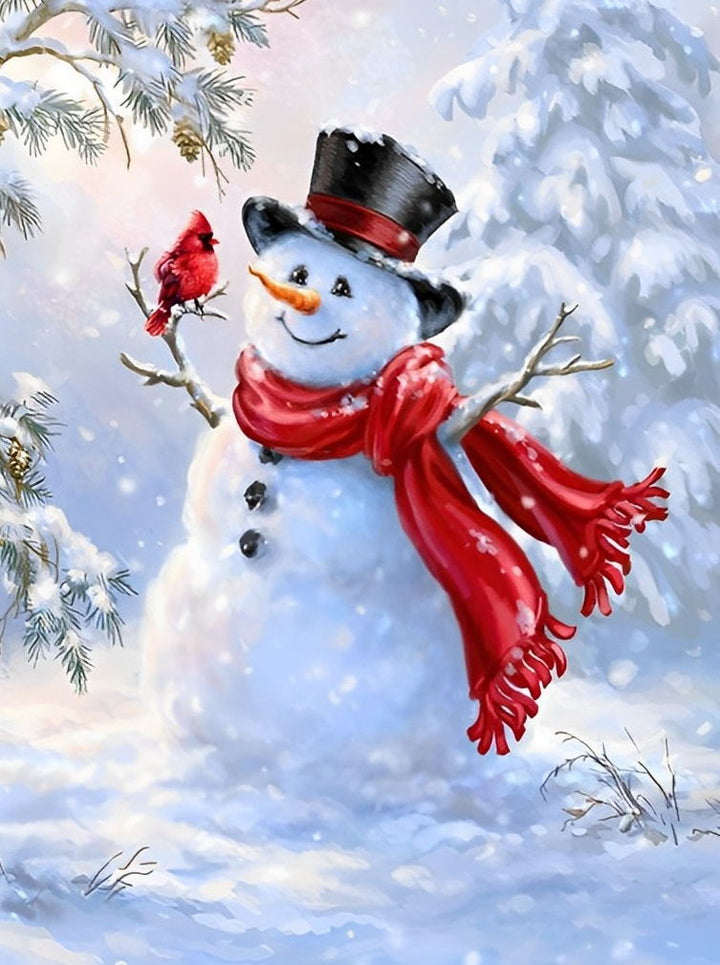 Sneeuwpop met Rode Sjaal en Vogel Diamond Painting