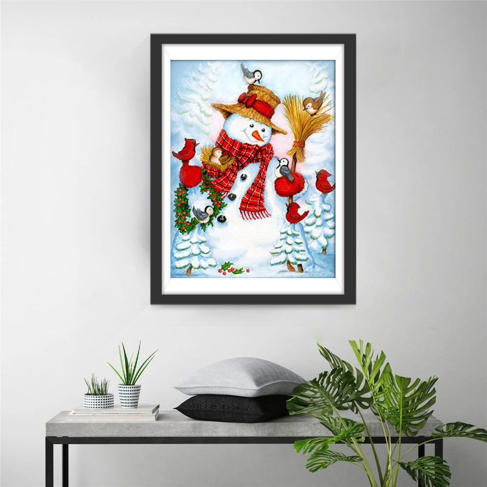Sneeuwpop met Vogels en Kerstkransen Diamond Painting