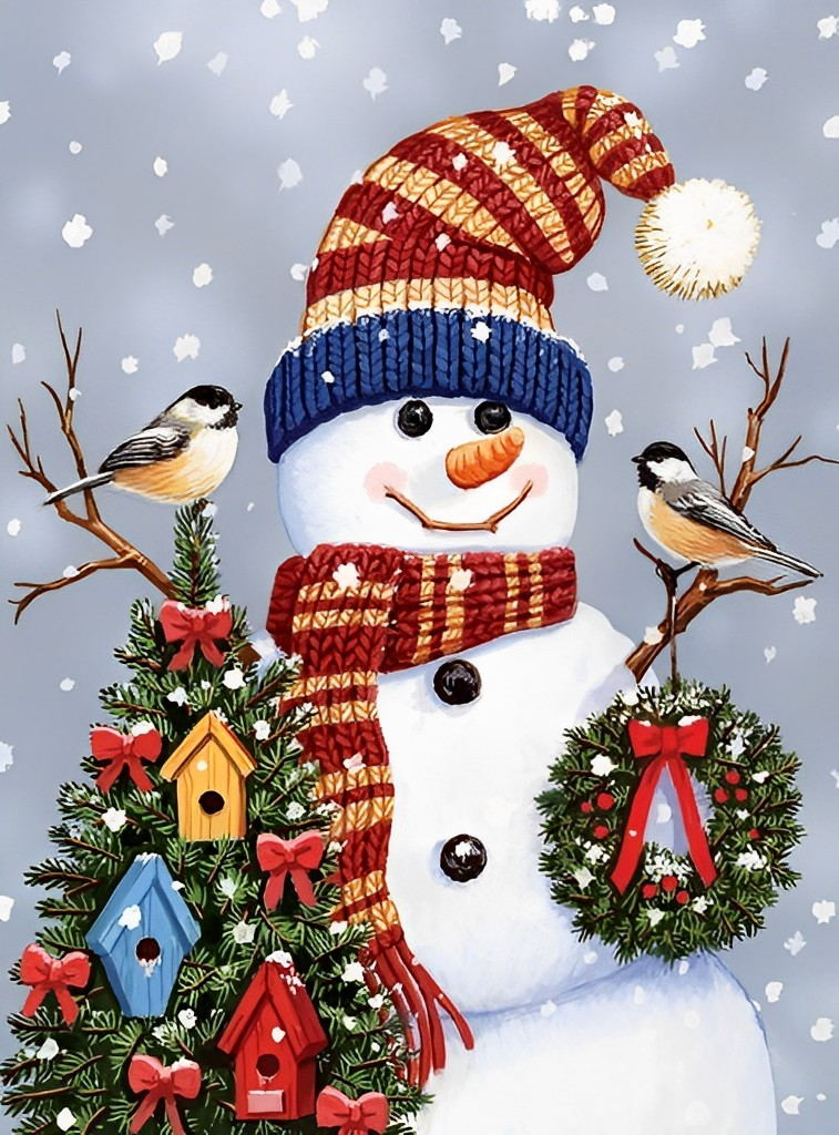 Sneeuwpop met Vogels en Kerstversiering Diamond Painting