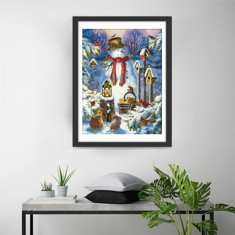 Sneeuwpop met Vogels en Vogelhuisjes Diamond Painting