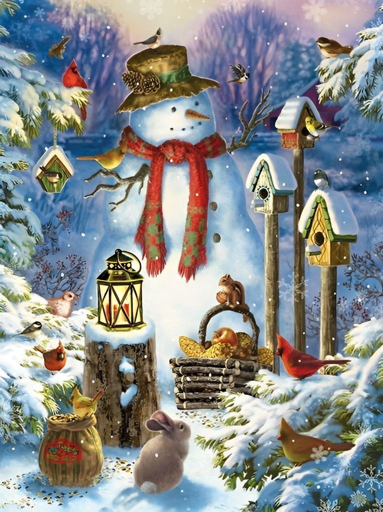Sneeuwpop met Vogels en Vogelhuisjes Diamond Painting
