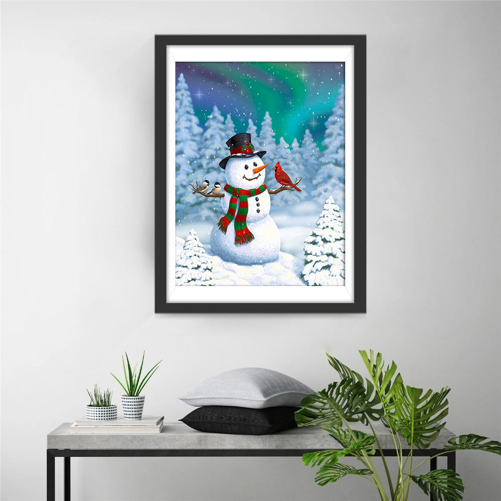 Sneeuwpop met Vogels onder het Aurora-licht Diamond Painting