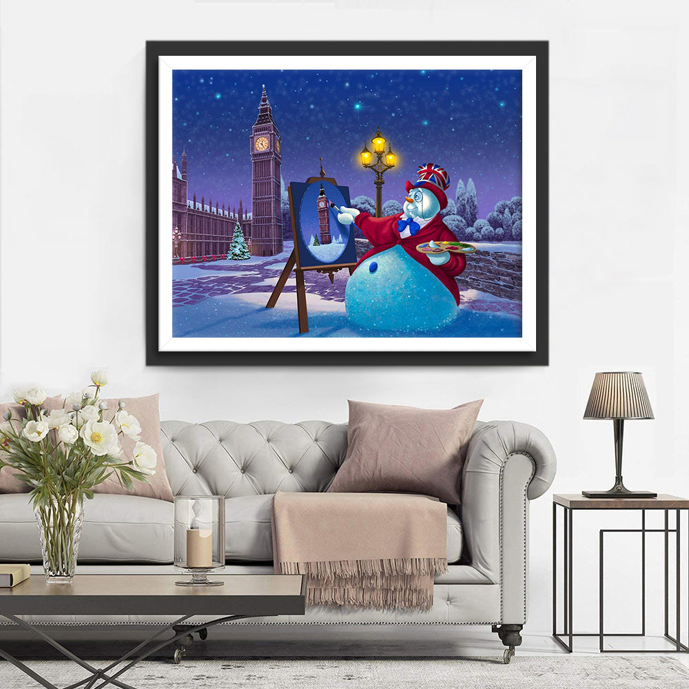Sneeuwpop-Schilder in de Stad Diamond Painting