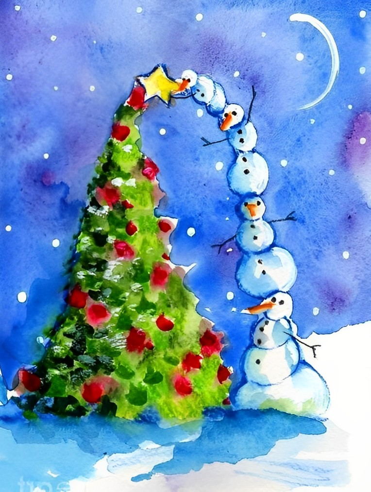 Sneeuwpoppenketting bij Kerstboom Diamond Painting