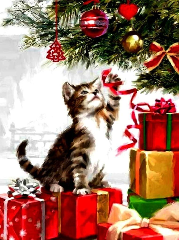 Speels en Nieuwsgierig onder de Kerstboom Diamond Painting