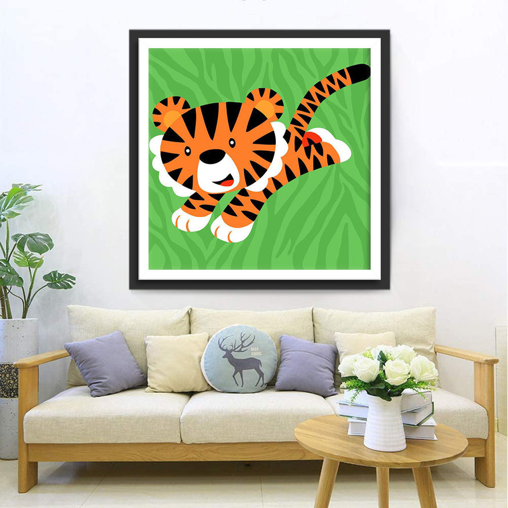 Speels Oranje Tijgerkuiken op Groene Bodem Diamond Painting