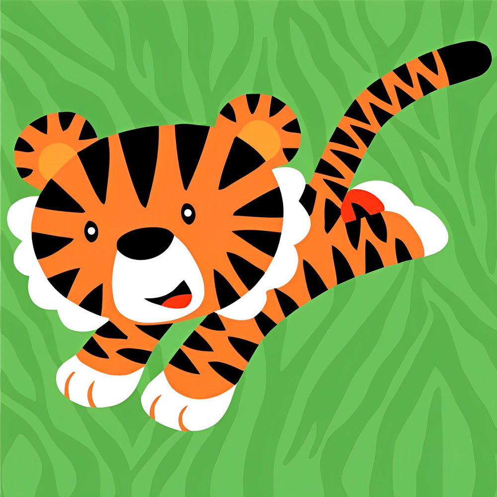 Speels Oranje Tijgerkuiken op Groene Bodem Diamond Painting