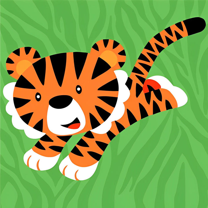Speels Oranje Tijgerkuiken op Groene Bodem Diamond Painting
