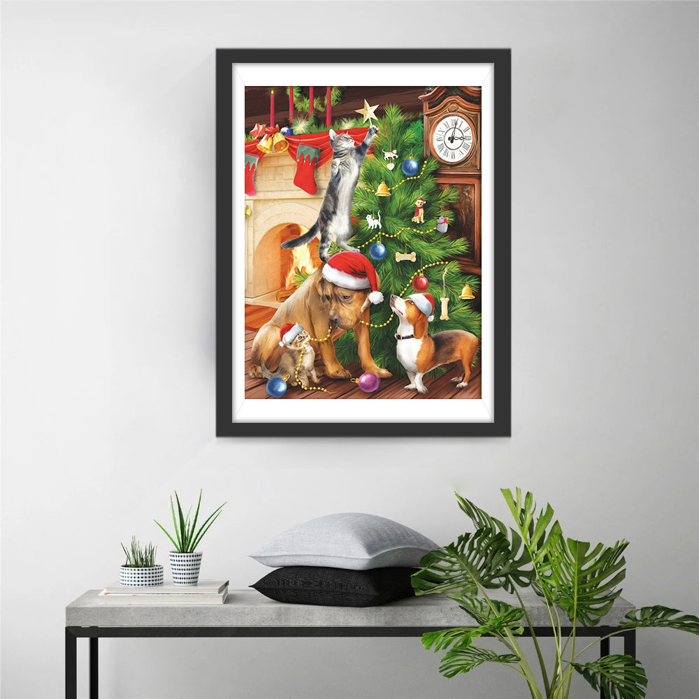 Speelse Dierenpartijtje rond de Kerstboom Diamond Painting