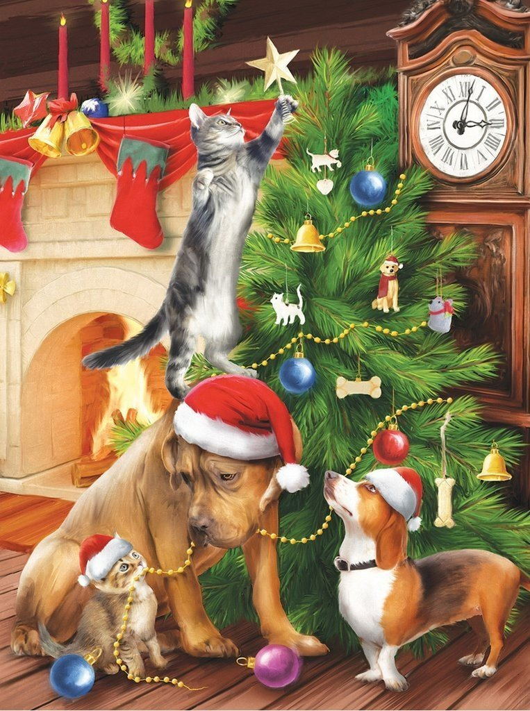 Speelse Dierenpartijtje rond de Kerstboom Diamond Painting
