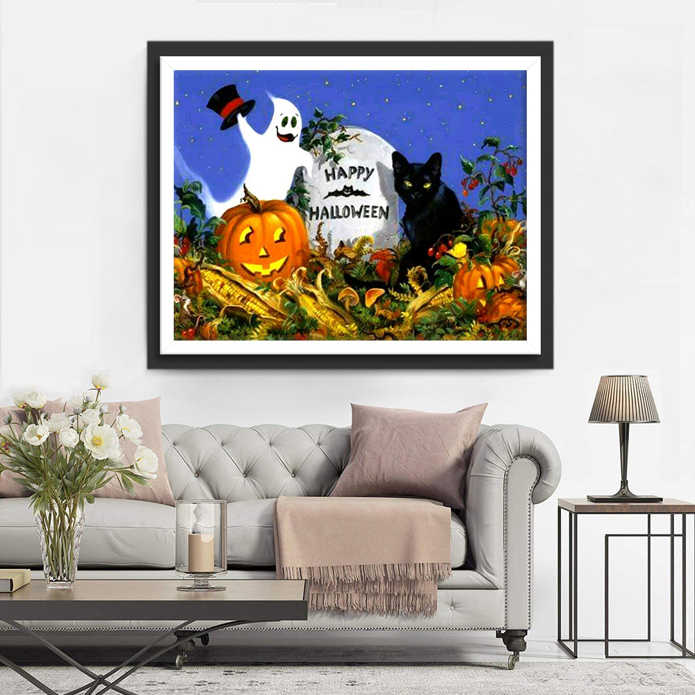 Spook, Kat en Halloween-pompoen Diamond Painting