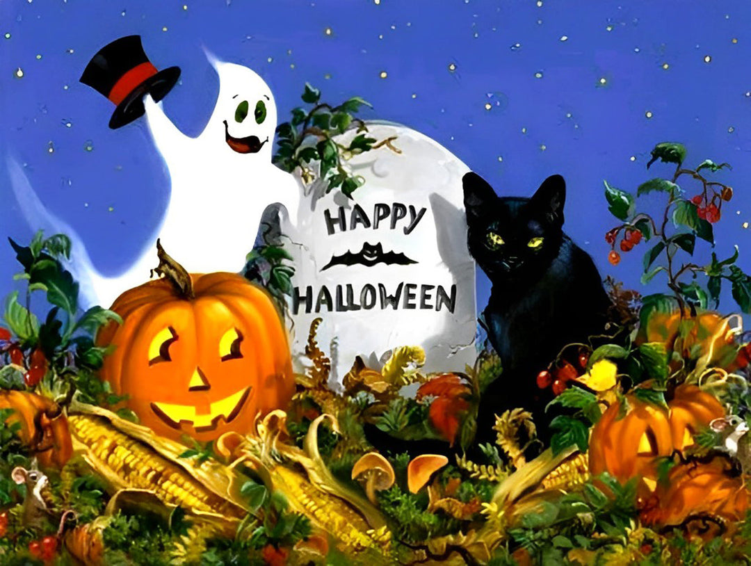 Spook, Kat en Halloween-pompoen Diamond Painting