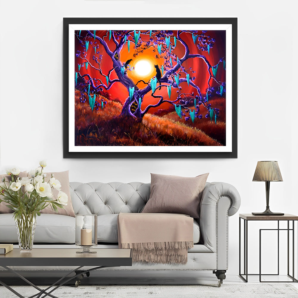 Spookachtige Boom en Zwarte Kat in de Tuin Diamond Painting
