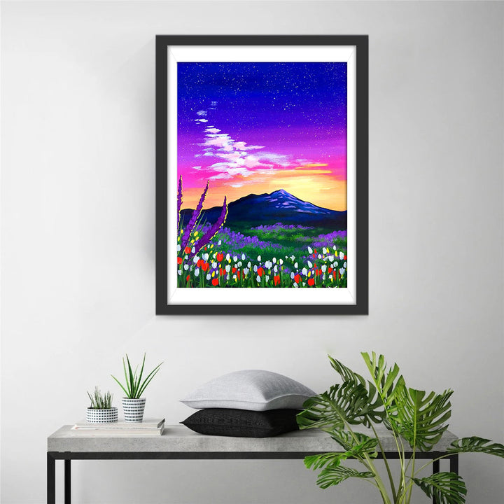 Sprookjesachtig Bloemen-berggezicht Diamond Painting