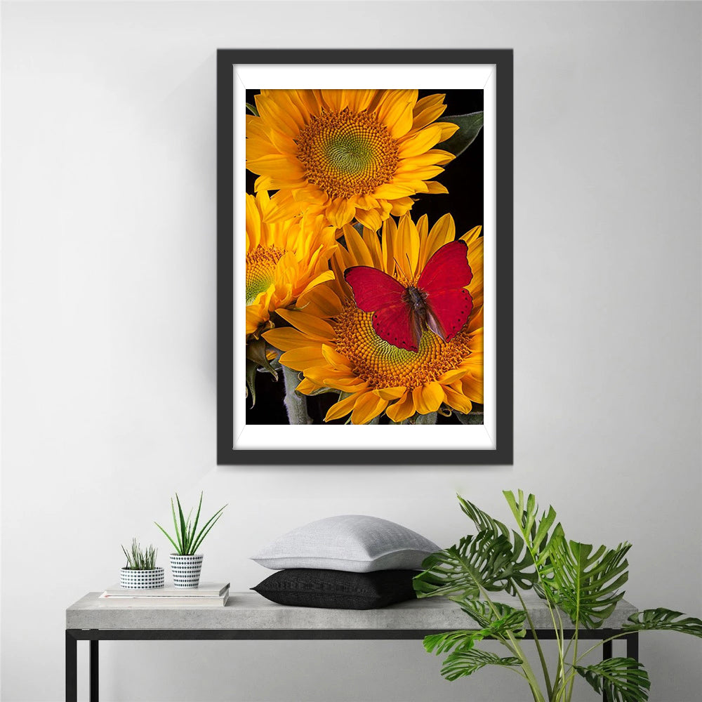 Sprookjesachtige Samenkomst van Vlinder en Zonnebloemen Diamond Painting