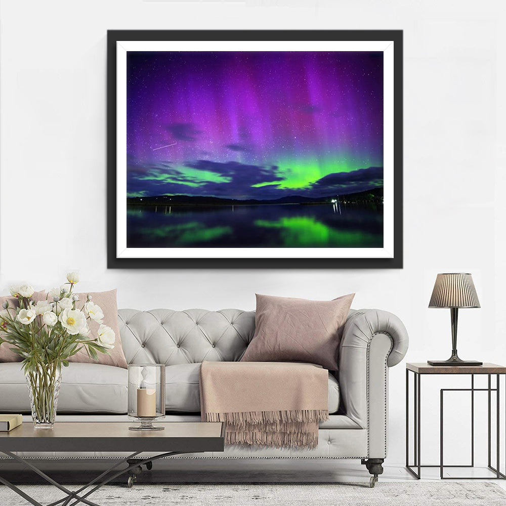 Sterrennacht met Kleurrijk Lichtweelde aan Water Diamond Painting