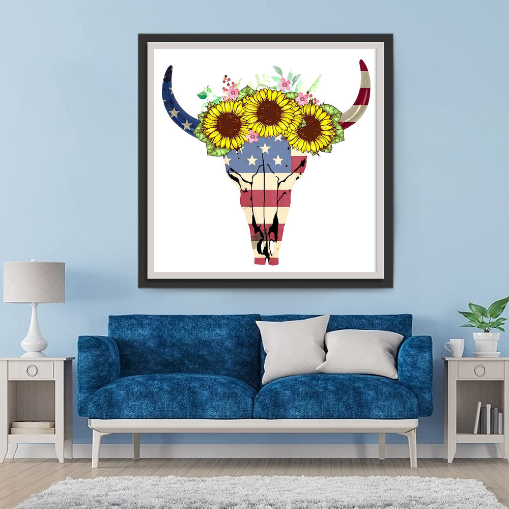 Stierenschedel met Amerikaanse Vlag en Chrysanten Diamond Painting
