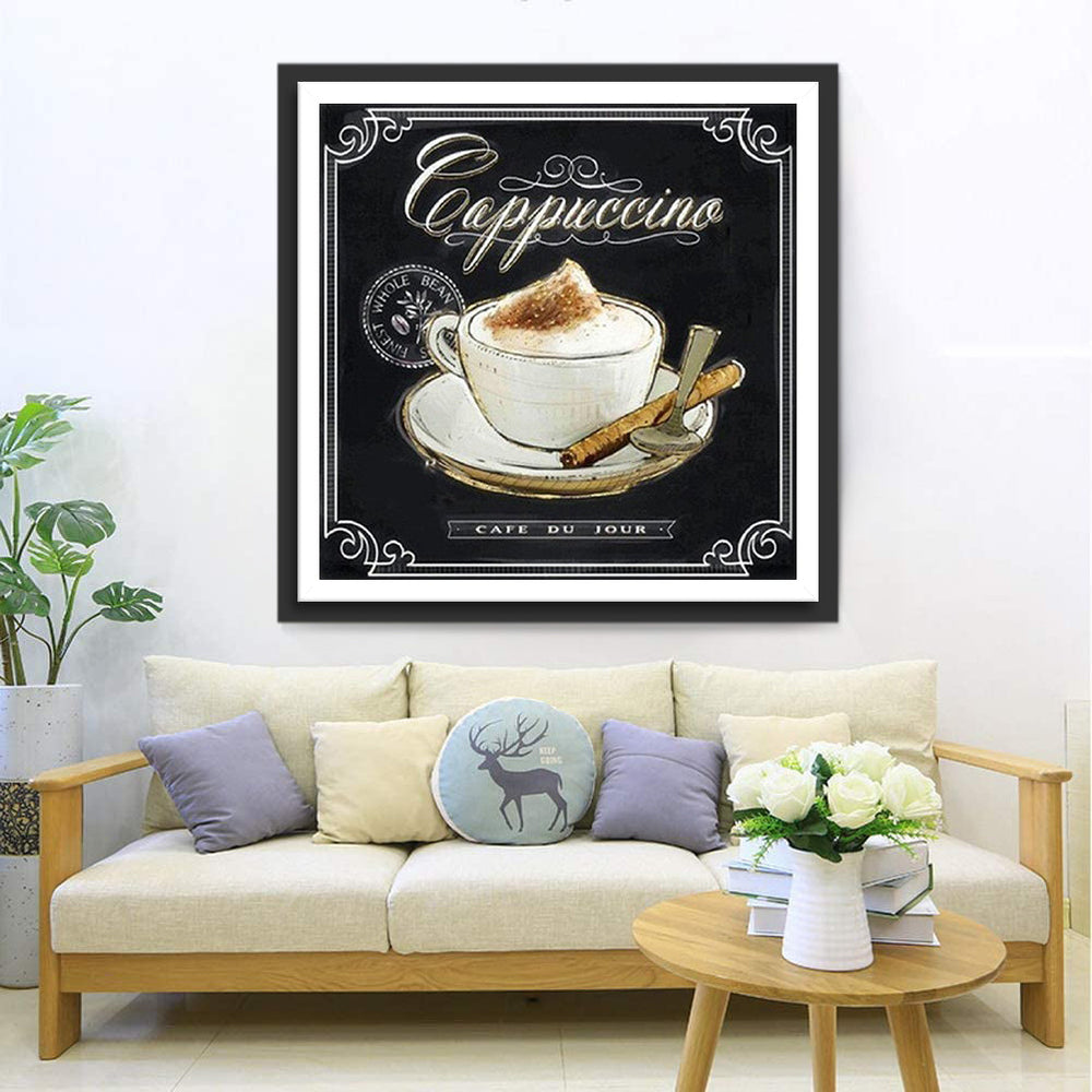Stijlvol Geïllustreerde Cappuccino met Accessoires in een Klassiek Ontwerp Diamond Painting