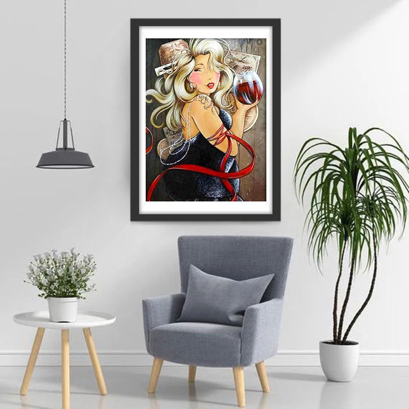 Stijlvolle Vrouw met Wijnglas en Ketting Diamond Painting