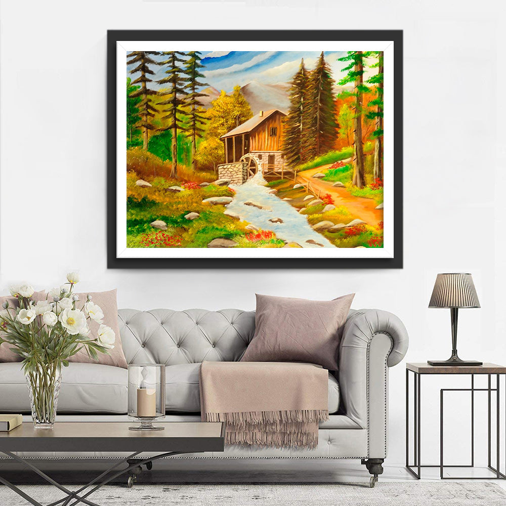 Stille Idylle van het Watermolenhuis in het Bos Diamond Painting