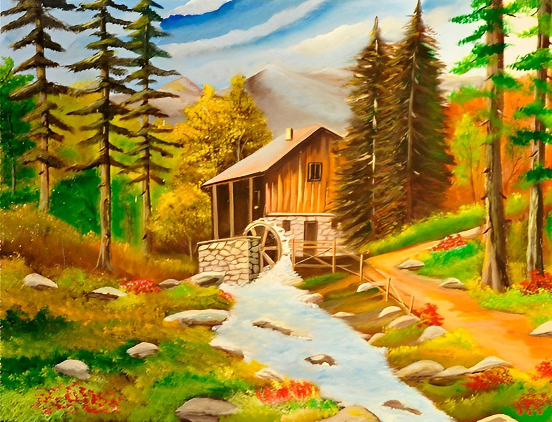 Stille Idylle van het Watermolenhuis in het Bos Diamond Painting