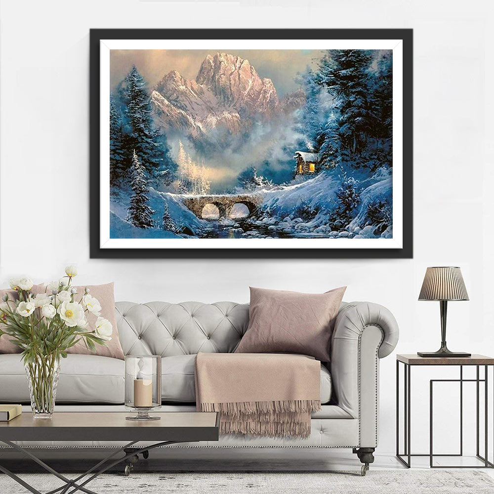 Stille Winterschoonheid bij de Bergrivier en Hut Diamond Painting
