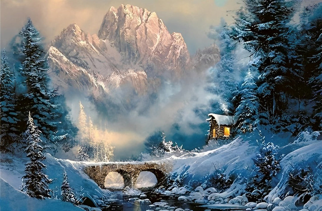 Stille Winterschoonheid bij de Bergrivier en Hut Diamond Painting