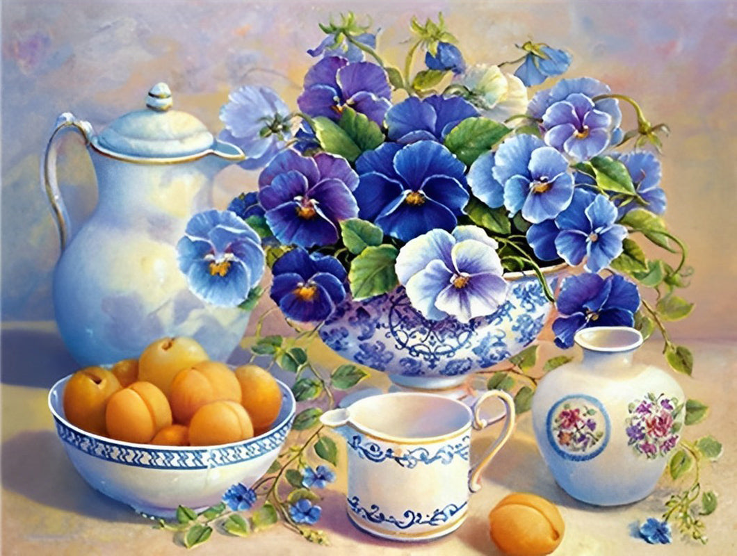 Stilleven met Viooltjes en Servies Diamond Painting