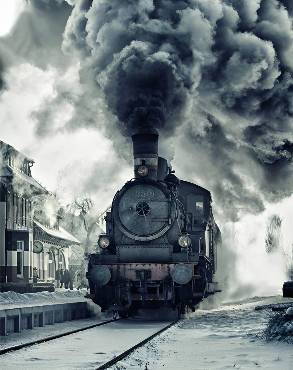 Stoomtrein met Kolossale Rookwolk in Oud Station Diamond Painting