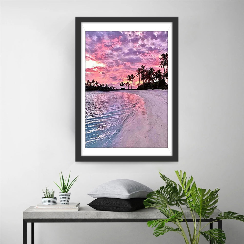 Strand en Zee in Roze-Paarse Zonsondergang Diamond Painting