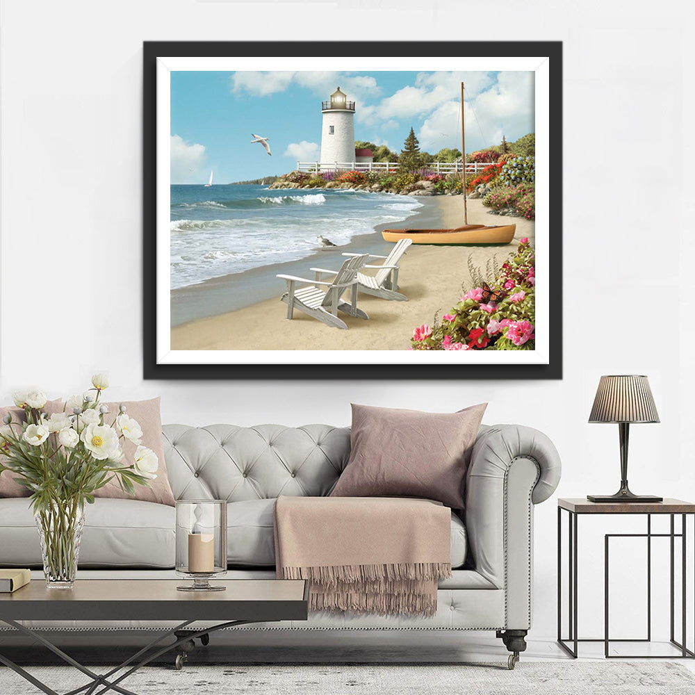 Strandstoelen bij de Vuurtoren Diamond Painting