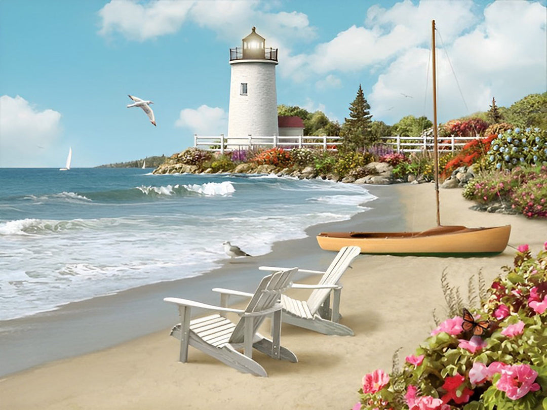 Strandstoelen bij de Vuurtoren Diamond Painting