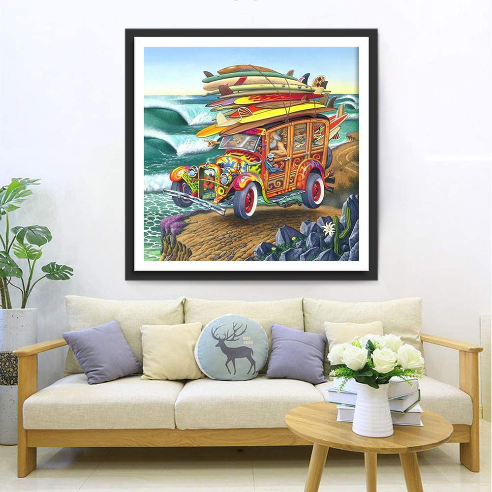 Surfplankbeladen Houten Auto aan Kust Diamond Painting