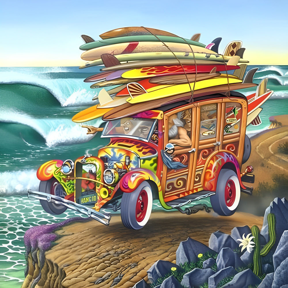 Surfplankbeladen Houten Auto aan Kust Diamond Painting
