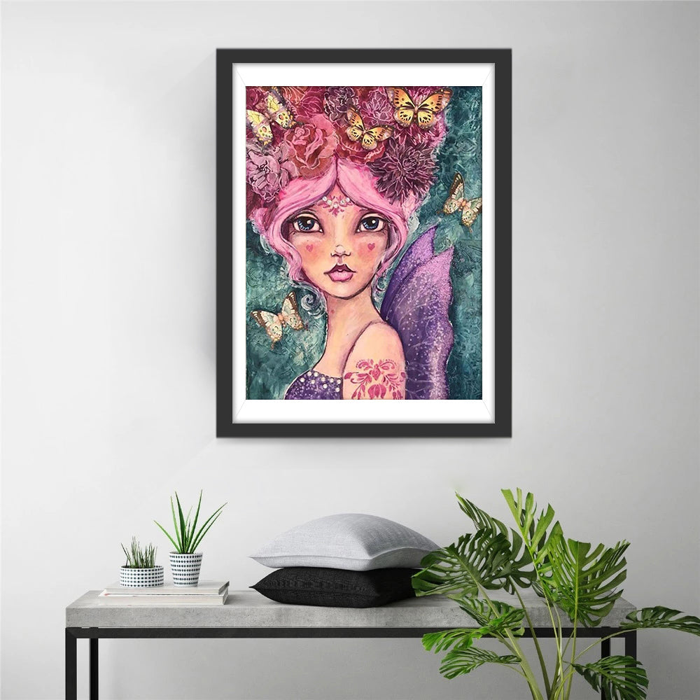 Teder Feebeeld in Roze-Gouden Bloemendroom Diamond Painting