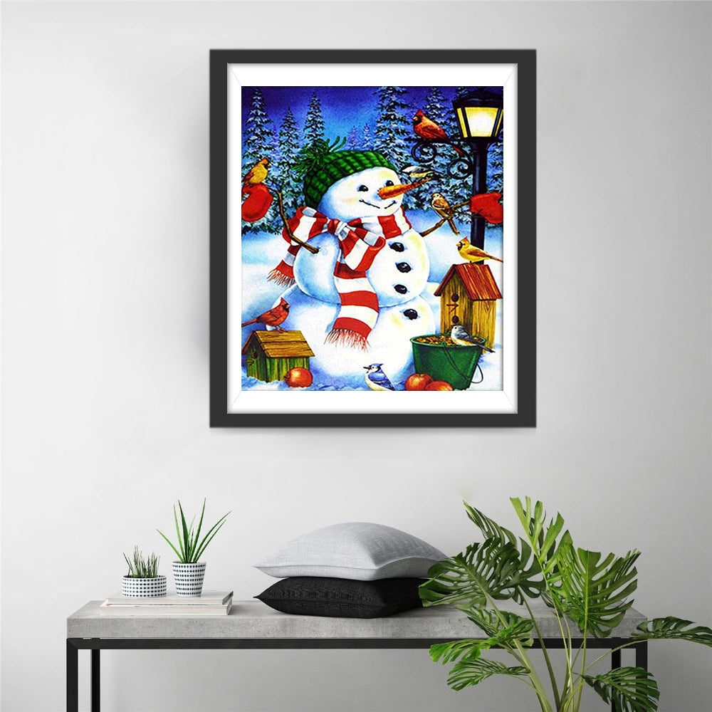 Teder Moment van Sneeuwpop en Vogeltje Diamond Painting