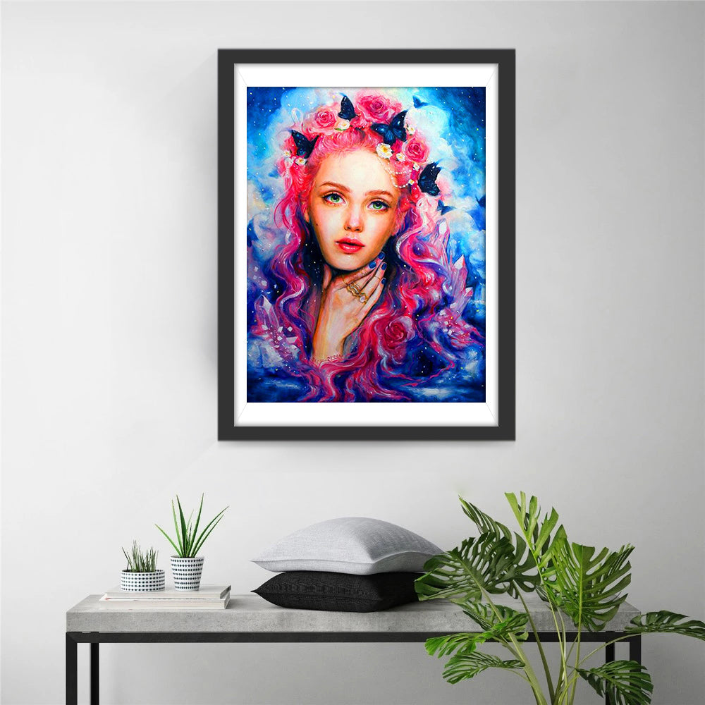 Teder Roze Gezicht in Bloem- en Vlinderdroom Diamond Painting