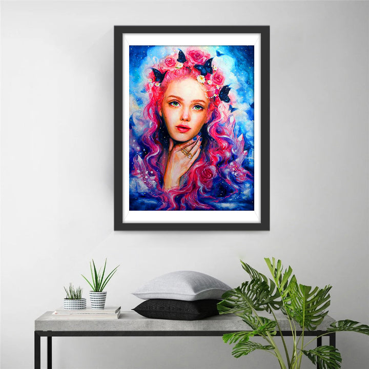 Teder Roze Gezicht in Bloem- en Vlinderdroom Diamond Painting