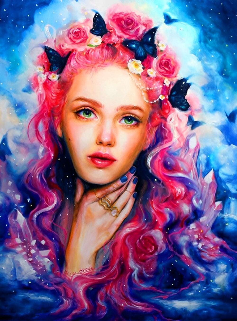 Teder Roze Gezicht in Bloem- en Vlinderdroom Diamond Painting