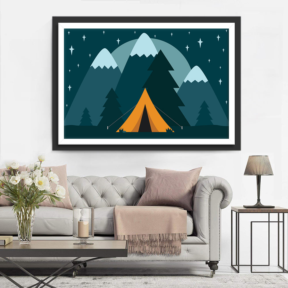 Tent tussen Bergen onder Sterrenhemel Diamond Painting