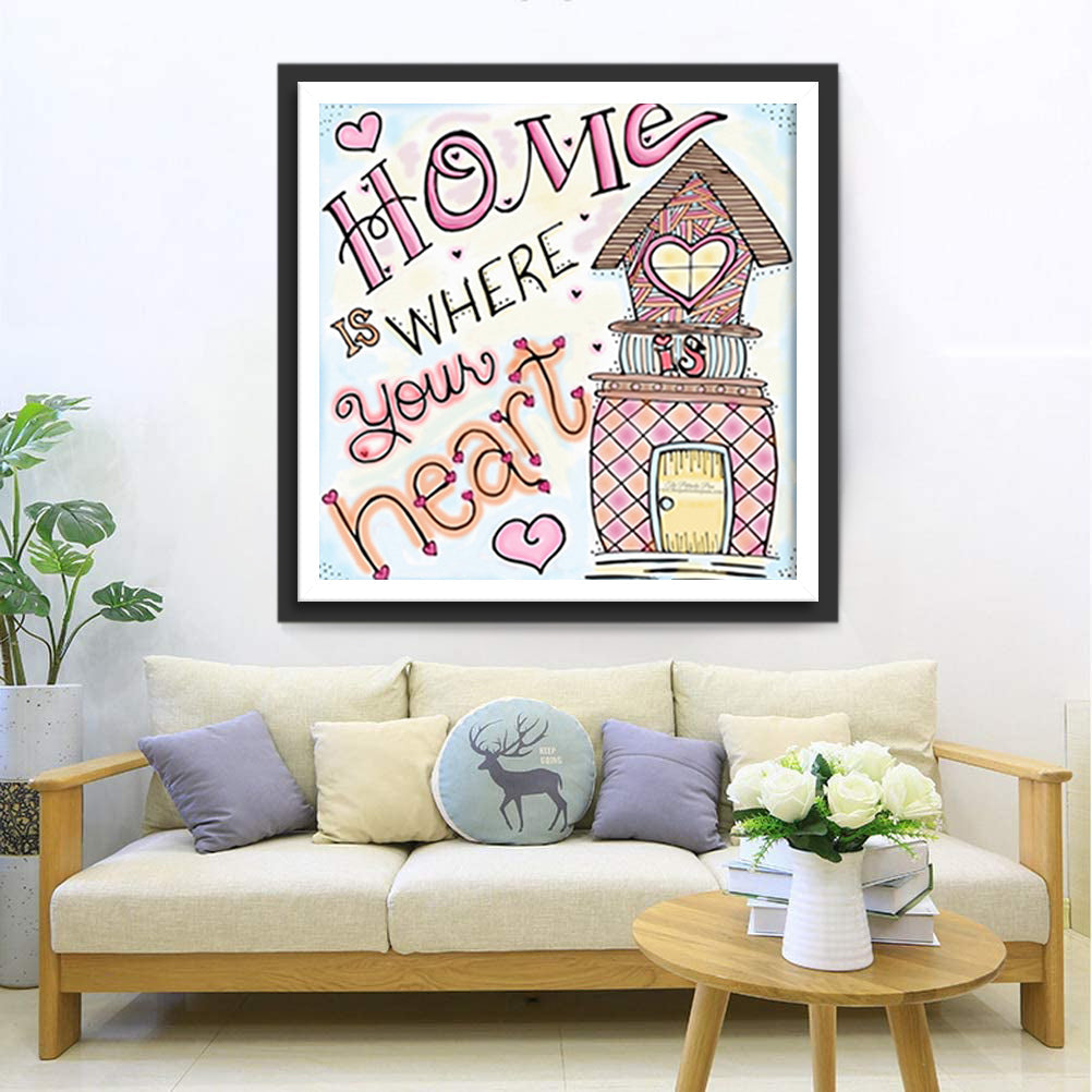 Thuis is Waar je Hart is - met Hartjes en Huisje Diamond Painting