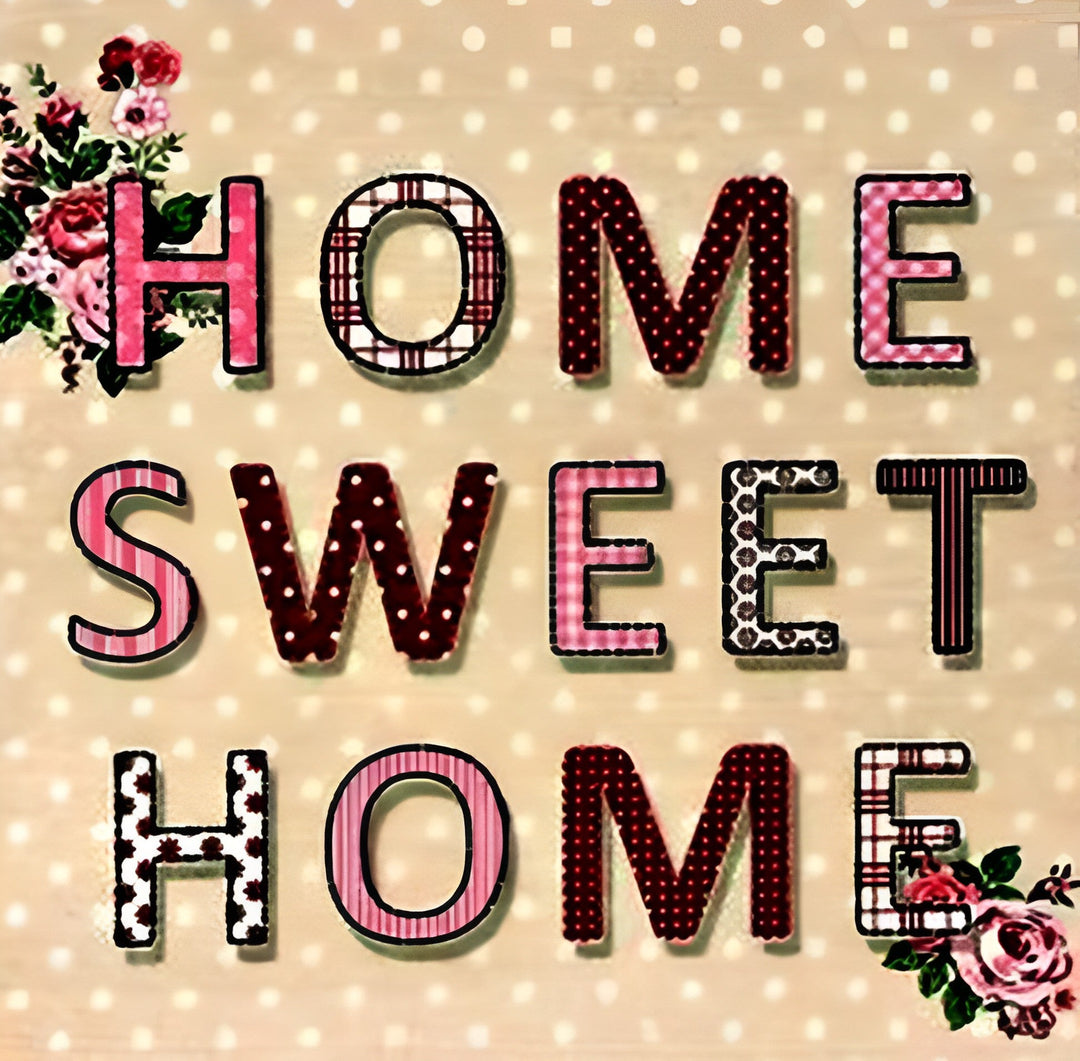 Thuis, Lief Thuis met Patroonletters en Bloemen Diamond Painting