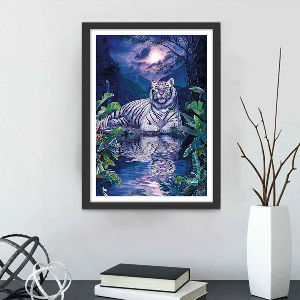 Tijger bij de Beek in het Maanlicht Diamond Painting