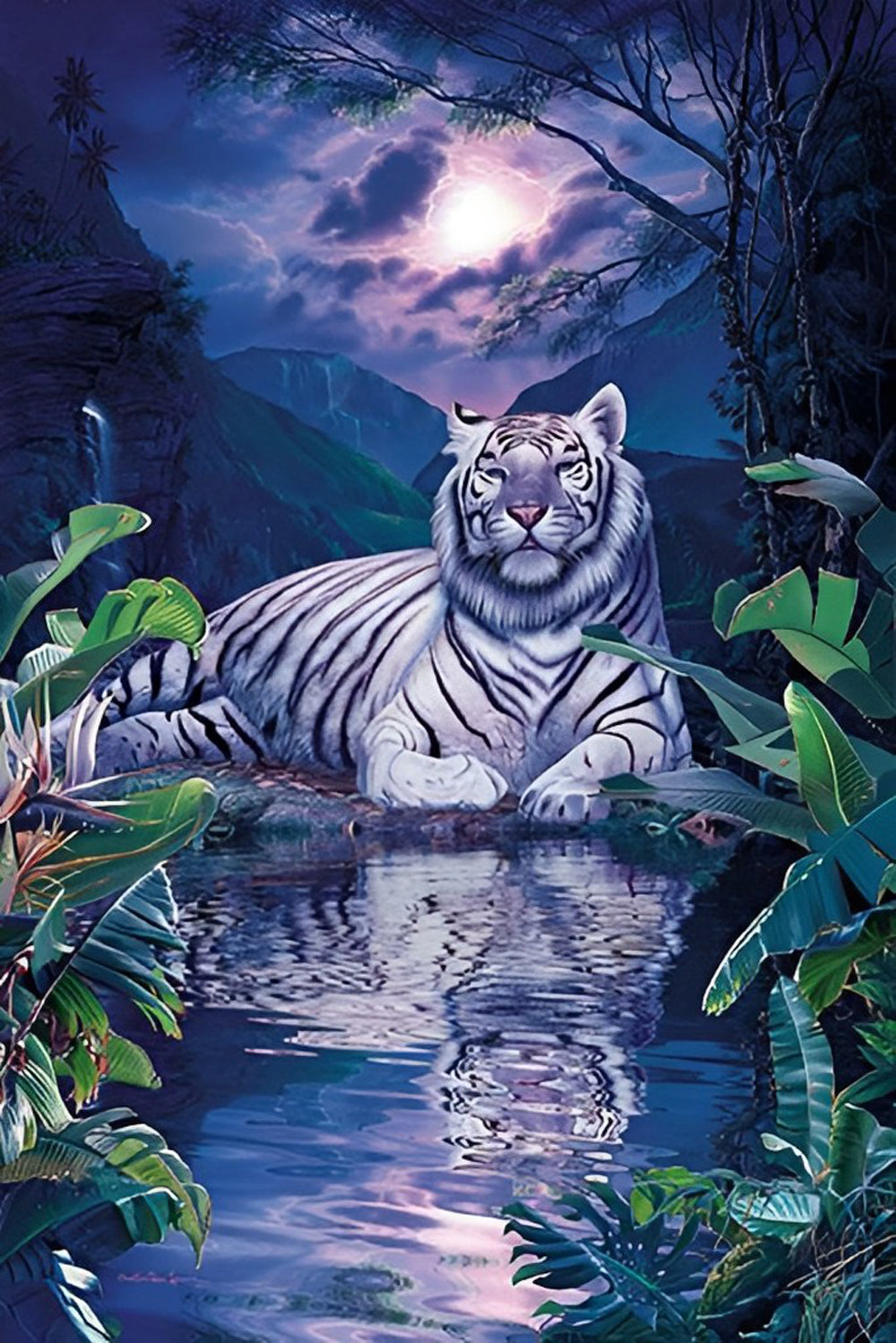 Tijger bij de Beek in het Maanlicht Diamond Painting