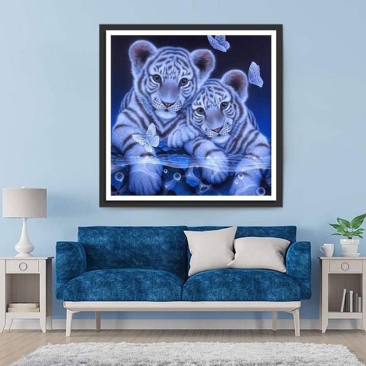 Tijger in het Water en Witte Vlinders Diamond Painting